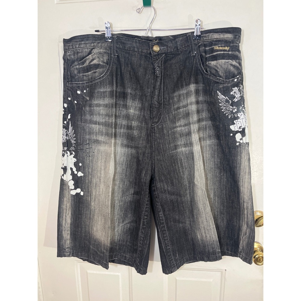 Akademiks Shorts Mens 46 Black Denim Graphic Y2K Streetwear Grunge Baggy Jean